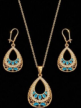 Gold-Tone Teardrop Necklace & Earrings Set with Turquoise Accents